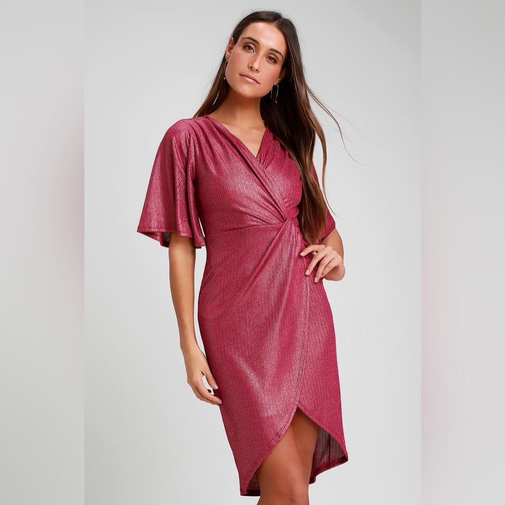 Lulus You're the Stun Berry Red Metallic Midi Dress - New Small